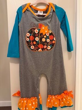 Gray, Teal & Orange Pumpkin Applique One-Piece Romper